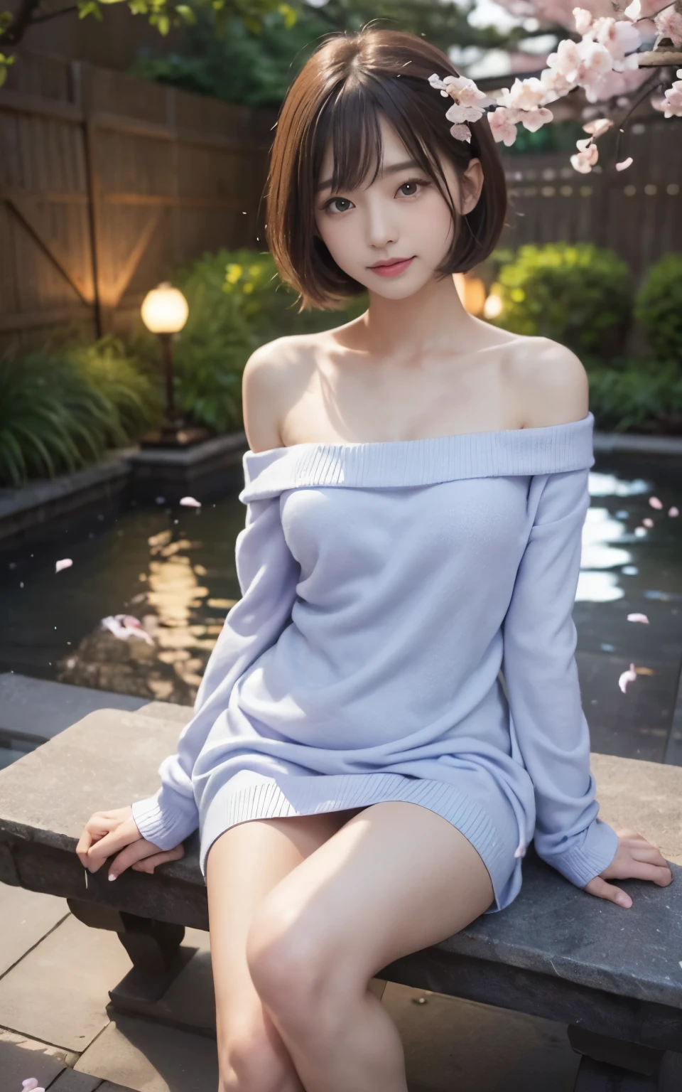 ((masterpiece、highest quality、highest quality))、(Very beautiful Japanese girl 21 years old)、(high nose)、(long bangs)、((smile))、((night) garden)))、((Cherry blossom trees)、((seat))、(night桜)、(night)、mid night、moon、look at the viewer、(slender body)、(())、((Dancing cherry blossom petals、SakuraFubuki)) )、((( 超詳細なnight景の背景))、(((perfect limbs))、Cute 21 year old Japanese、Ultra-detailed facial features、Attention to detail、double eyelid、beautiful thin nose、sharp focus:1.2、beautiful woman:1.4、(light brown hair、short cut hair、mid night、moon、 (sweater dress(white theme、(Very light blue purple)、高品質カシミアsweater dress、(Fluffy fabric)、(Very tight)、off shoulder):1.3)、
