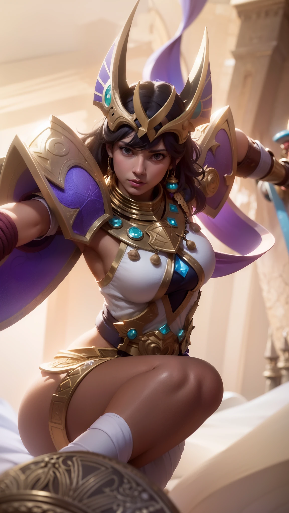 a woman in a purple outfit holding a sword and a shield, zenra taliyah, youthful taliyah, samira from league of legends, taliyah, ne zha from smite, artgerm detailed, bastet, qiyana, extremely detailed artgerm, as seen on artgerm, senna from league of legends, 8k, ultra hd, ultra detailed texture, hyper realistic, masterpiece, detailed texture, detailed face, detailed skin, detailed lighting, (photorealistic:1.5), best quality, beautiful lighting, cinematic lighting, professional lighting, ultra highres, realistic, detailed hair, real hair, high quality, (realskin:1.5), extremely detailed, finely detail, ultra-detailed, glare, yellow eyes.