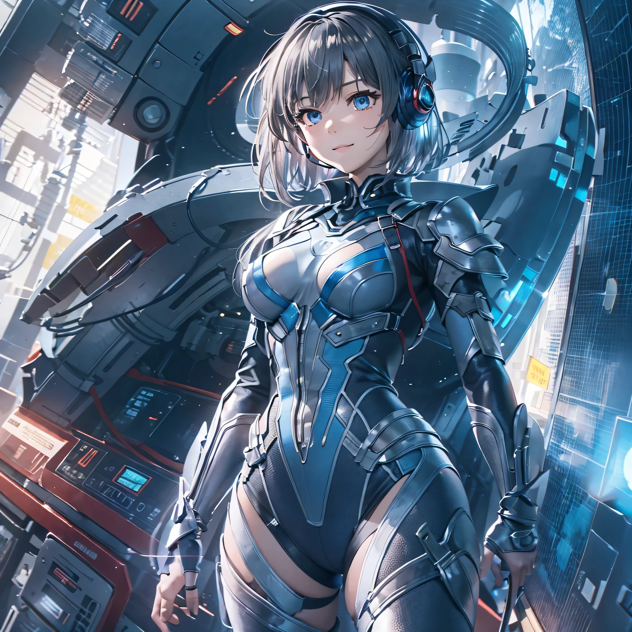 (masterpiece、highest quality、highest resolution、clear_image、detailed details、Angle from above): (full body figure、One 20 year old girl、Japanese faces、small face、Slender、Navy blue super short bob cut hair、(hidden small breasts:1.3)、sparkling blue eyes、Shiny pilot suit in blue and black colors、armor that protects the chest、tight fitting clothes、clothes that cover the whole body、shiny clothes、tight fit pants、hide the skin、very delicate and beautiful、detailed skin、hide thighs、hide your butt、cute type、gentle smile、soft expression、heroine、headset、Knee-high boots、gloves up to the elbow、eye level shot、facing directly、woman on a spaceship)