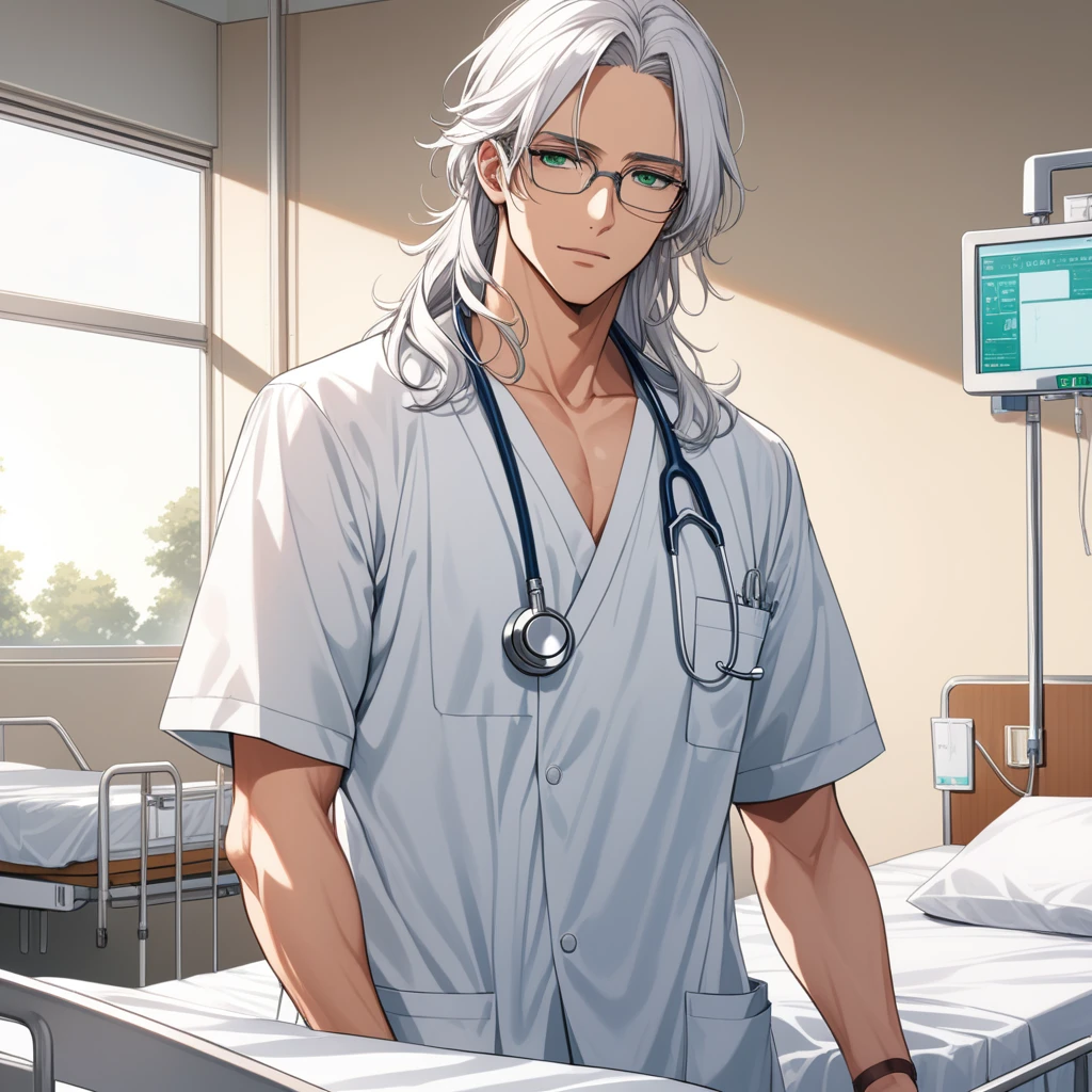 (masterpiece, best quality:1.2), 8k, very detailed, anime style, at a handsome doctor stands next to an empty hospital bed, white hair, long hair, green eyes, bangs, at hospital, handsome male, glasses
