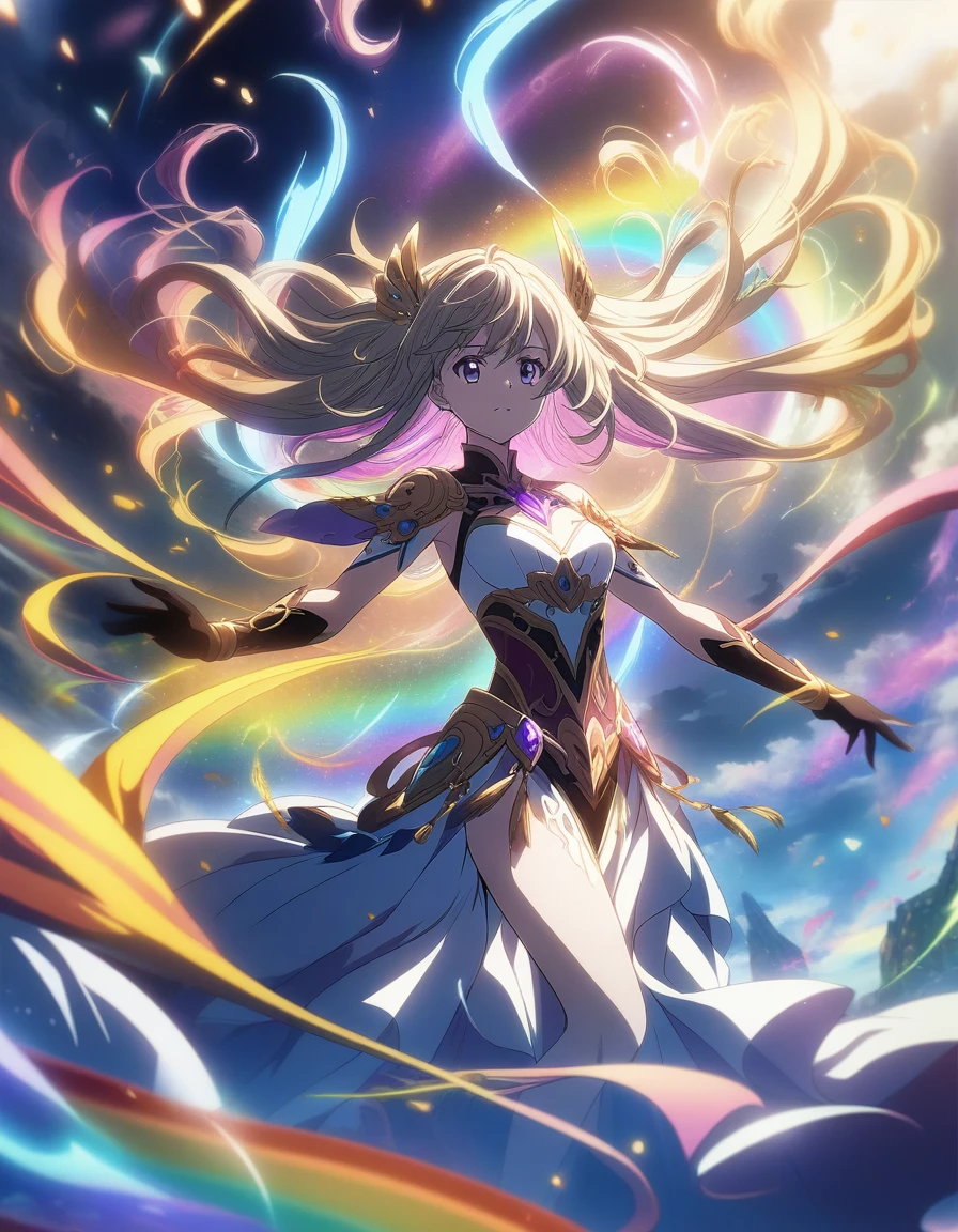 1girl, A magical girl standing victorious over a defeated fantastical enemy, surrounded by a rainbow of magical energies swirling around her in rich varied colors. Dynamic, brightly lit manga panel artwork . (masterpiece), (best quality), (ultra-detailed), very aesthetic, illustration, disheveled hair, perfect composition, moist skin, intricate details, anime artwork, anime style, visual, vibrant, studio anime, highly detailed, aesthetic