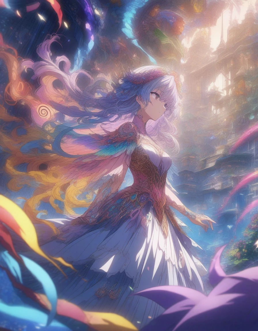 1girl, A magical girl standing victorious over a defeated fantastical enemy, surrounded by a rainbow of magical energies swirling around her in rich varied colors. Dynamic, brightly lit manga panel artwork . (masterpiece), (best quality), (ultra-detailed), very aesthetic, illustration, disheveled hair, perfect composition, moist skin, intricate details, anime artwork, anime style, visual, vibrant, studio anime, highly detailed, aesthetic