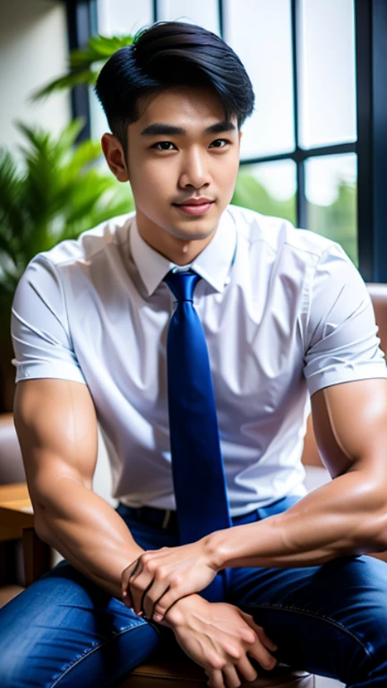 (masterpiece: 1.2),(computer generated art:1.3),(actual:1.5),(post processing:1.3), (sharp focus:1.3), 1 man smiling, (wear white shirt.. . blue tie, short sleeves), navy blue pants, Japanese young people, Japanese men, (High gloss details), , Arm muscles, Blood vessel, big muscles, Broad shoulders, looking at the audience, balance eyes, sit at the table, Sitting alone in a cafe.