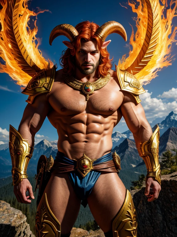 (realistic, Masterpiece, detailed face, best quality, height, 4k), Fantasy art style, Expressing the distinctiveness of Aries fiery ram along with a handsome and strong model sharp eyes and fierce aura. He stood on the top of the mountain., Adorned in skimpy and sexy armor complete with flaming horns., It is a symbol of his passion and determination.