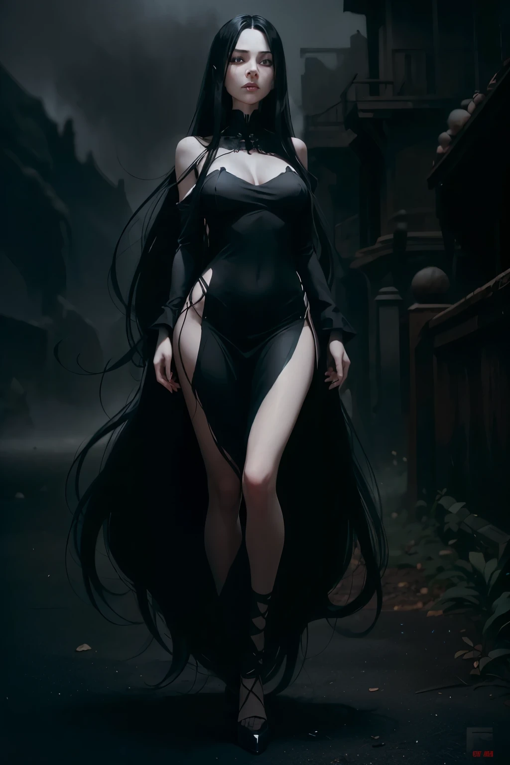(masterpiece:1.2、top-quality)、(Exquisite beautiful eyes: 1.2)、(细致背景、Dark Fantasy、A Japanese style)、(beautifull detailed face)、High contrast、(The best lighting、extremely delicate and beautiful)、((Cinematic lights) )), Hyper-detailing, Dramatic light, intricate detailes, (One girl, 独奏,A dark-haired, Sharp face, poneyTail, A slight smil,hair between eye, Dynamic Angle,beautiful foot,Dance), depth of fields、(full body Esbian),The Darkness, mystery, romanticism, Spooky, literary, art by, lo fashion, Victorian, ornamented, Complexity, pondering, emotional depth, Supernatural,Dark atmosphere, dark succubus encounters