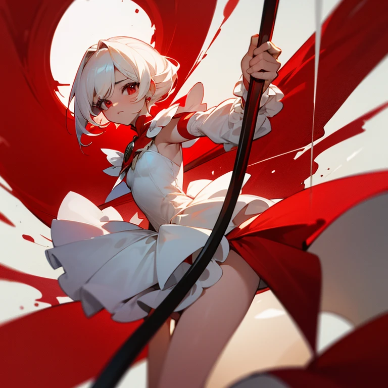 1 Chica, piel blanca, cabello rojo, ojos rojos sangre, vestido rojo, vestido corto, with a red and white cane
