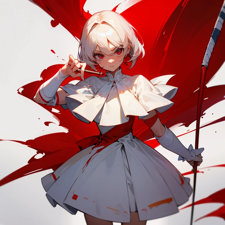 a girl with short white hair shoulder-length, red eyes, wearing a white dress stand on top of a old tower with red flower