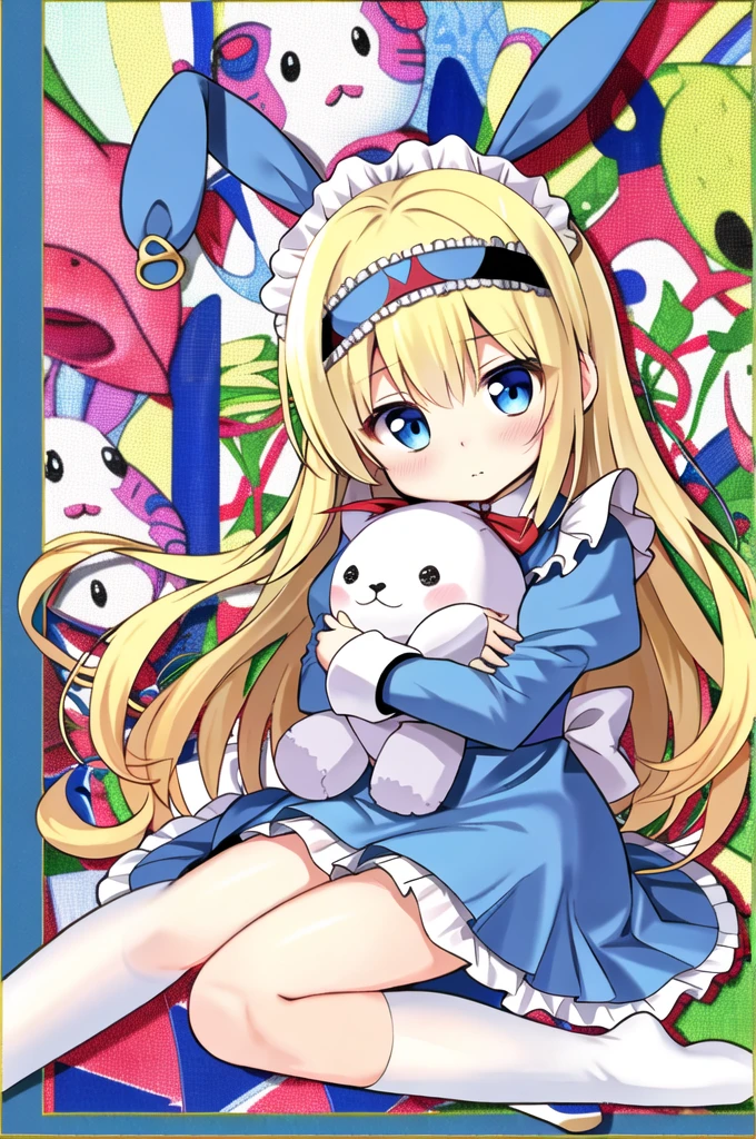 1 girl、(Top quality high resolution)、((A masterpiece of the highest quality:1.2))、blonde hair、blue eyes、Blue headband、(alice in wonderland)、white shirt、The sleeves are fluffy、blue apron、(No panties、Pussy、spread pussy、nsfw)、forested background、ウサギのstuffed toy、stuffed toy、hug、sit on top、hug a stuffed animal、primary school student、、Chiquita、look at the camera、embarrassed look、It is drawn from head to thigh、[[bad face]], [[fused fingers]]
