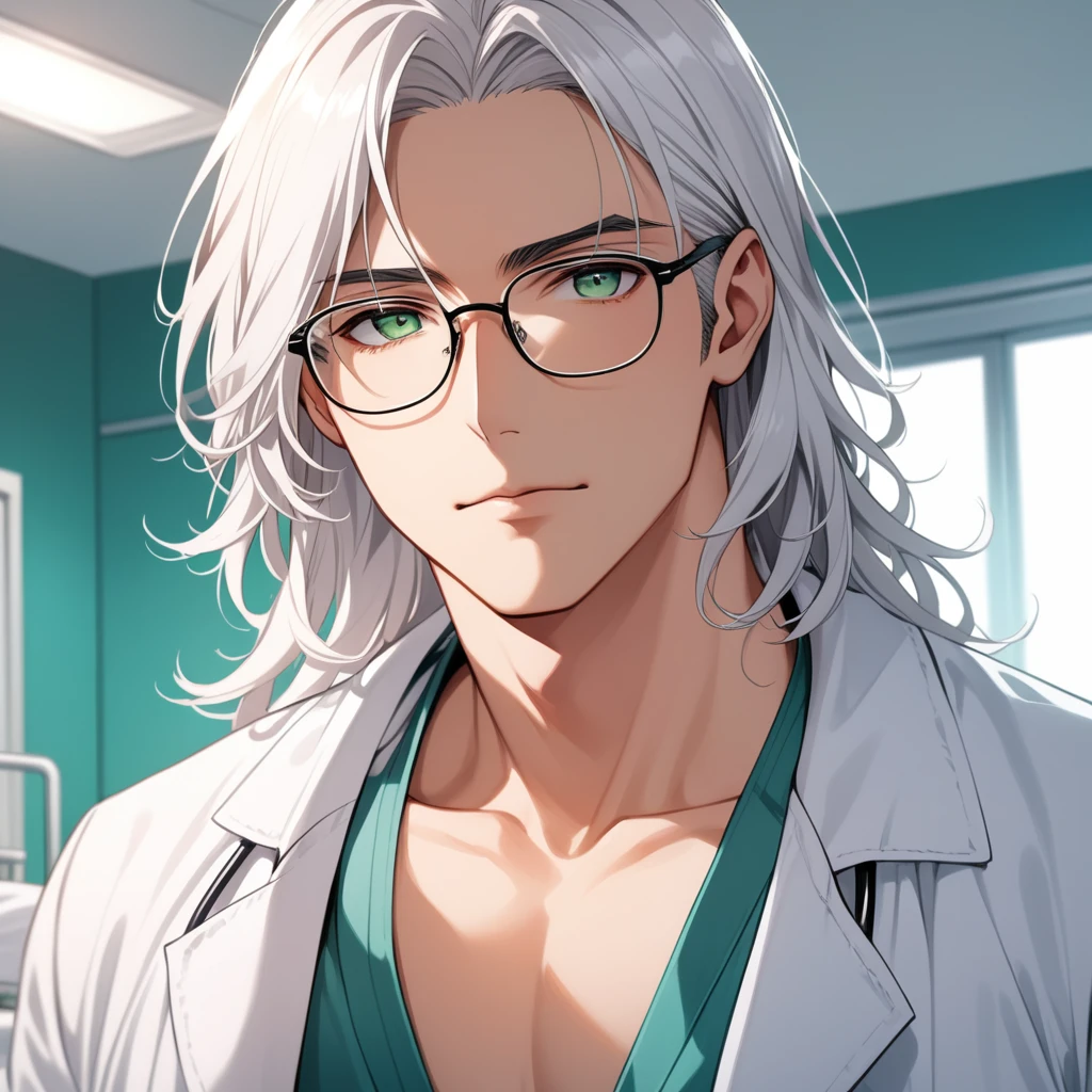 (masterpiece, best quality:1.2), (1boy), solo, 8k, white hair, ((long hair)), glasses, handsome male, very detailed, doctor, anime style, at a hospital, standing next to a hospital bed, white coat, blushing, beautiful green eyes, dynamic perspective, sharp focus, extremely detailed eyes and face, bangs, from underneath