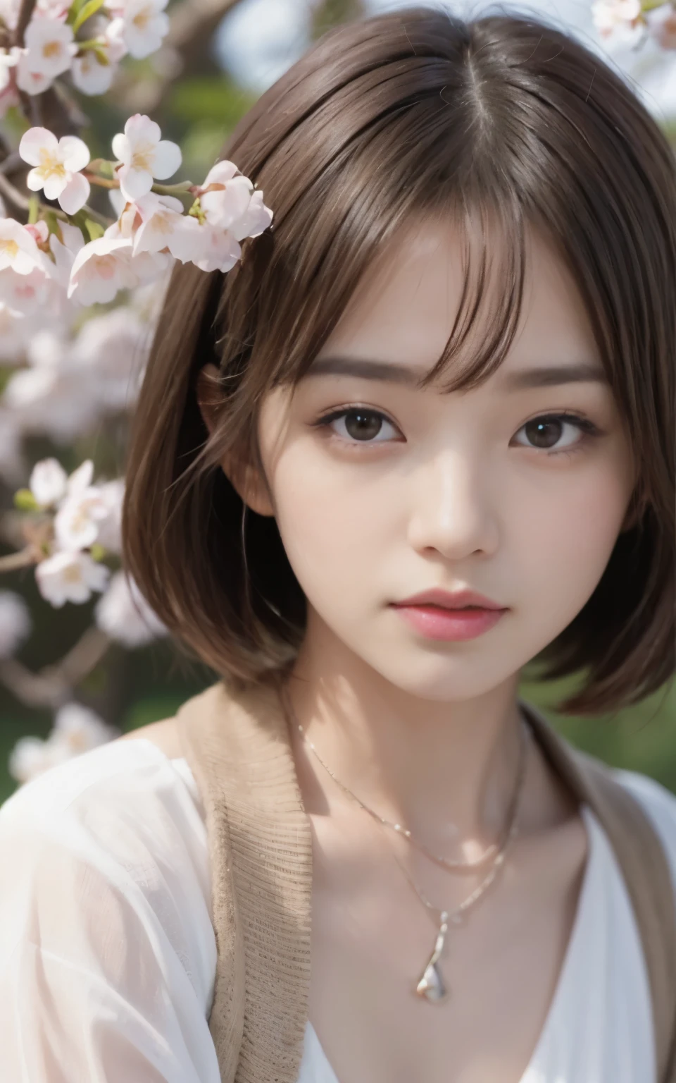 night、nightcherry blossoms、Cute 21 year old Japanese、Ultra-detailed facial features、Attention to detail、double eyelid、beautiful thin nose、sharp focus:1.2、beautiful woman:1.4、(light brown hair、short cut hair、white skin、Cherry-blossom viewing、cherry blossoms、