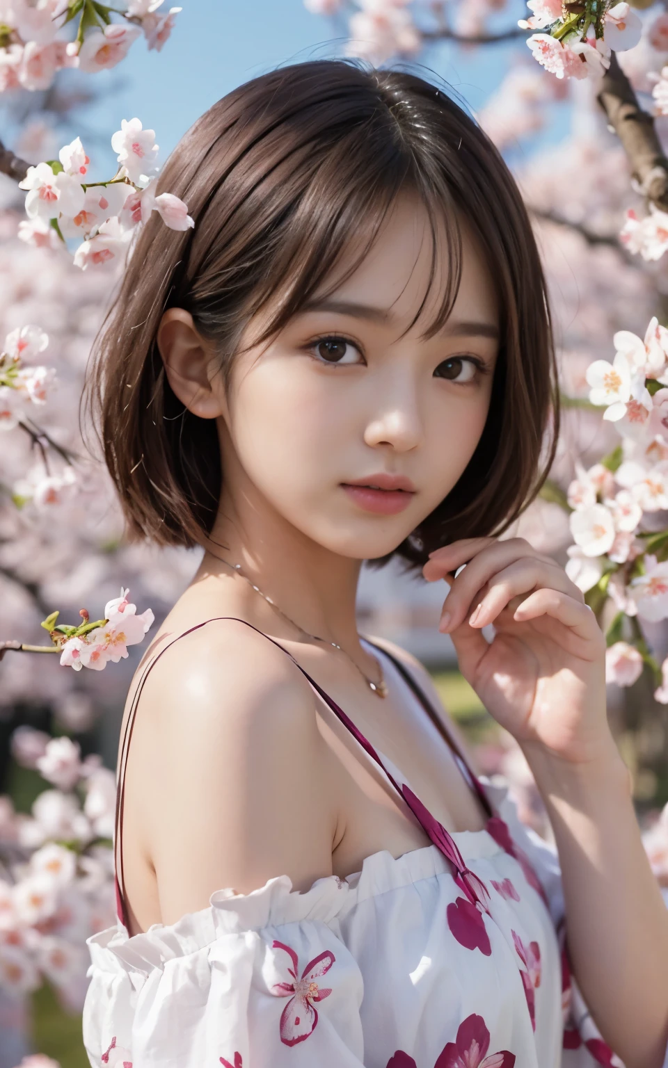 (highest quality:1.5)、(Real:1.5)、(1 person:1.5)、Medium Shot、(Very detailed)、(High resolution)、8k、Normal milk、Natural color lip、Japanese women、24 year old girl、Thin eyebrows、Beautiful and elegant face、Cute face、Arched thin eyebrows、(Large, balanced eyes)、Big Eyes、Fair skin、Beautiful and elegant face、Natural Bangs、Beautiful and thin nose、 Beautiful Skin、Medium Bob Hair、Natural Bangs、Perfect and beautiful facial features、Slim face and figure、(Bright lighting)、Professional Lighting、(Lighting from the front)、Outdoor、Beautiful cleavage、Cherry blossom trees、1 personの少女、Cute and sexy slim 24 year old woman、Fair skin、Cherry blossoms fluttering、(A dreamy look)、(Off-shoulder yukata)、(Normal milk)、(A simple pose facing forward)、Beautiful Obi、Beautiful clavicle、