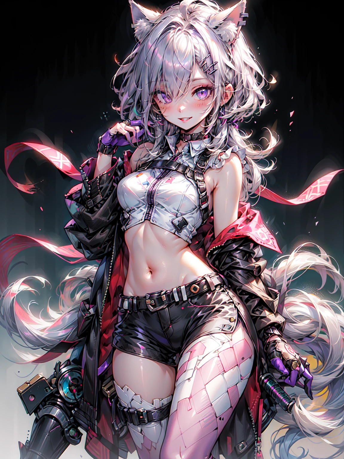 (photorealistic:1.8, highest quality:1.8,8K masterpiece:1.8,High resolution,muste piece:1.8,RAW Photos,cinematic lighting,red and purple dream colors),one goddess、(colorful sailor suit、slit mini skirt、choker、knee high stockings、loafer shoes、Cleavage cut,Pasties),(detailed blue eyes:1.7,double eyelid:1.6,Shining beautiful skin), (looking at the camera:1.5),(whole body,Photo seen from below:1.5),( midium Hair:1.2,Beautiful shining pink and white hair:1.5), expression(Impish Smile:1.3,face turns red:1.3),(Moderate chest:1.3), Pause(stand with legs apart,Seductive pose:1.5), background(Bright forest with blooming flowers),Nipples are visible through the costume、(detailed perfect face),anatomically correct,correct move:1.5,correct foot:1.5,4 fingers and 1 thumb in correct proportions,(cameltoe),No split screen,slender abs:1.2,highly detailed skin:1.2,(Young sensual gravure idol)