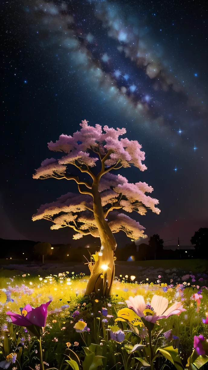 starry night sky,There is a tree and a flower in the foreground, lights and blooms, The night sky is full of flowers, tree in galaxy made of stars, arched galaxy, cosmic tree, magical sakura tree, cherry blossoms bloom,The background is an endless starry sky, Surreal Flowers of Wyse, fantasy tree, magic tree, Galaxy light, Beautiful lighting, beautiful lights