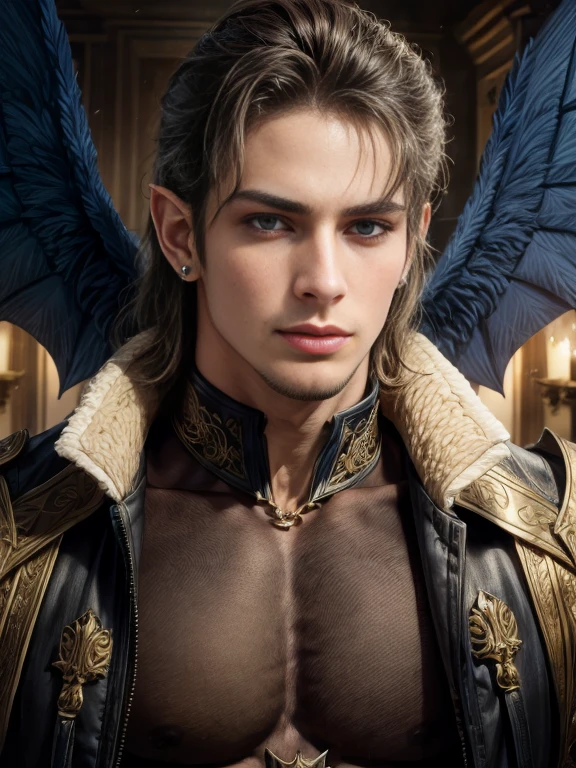 ((work of art, better quality, high resolution)) Handsome young man with black devil wings, conjunctivitis, pointed ears, stalwart