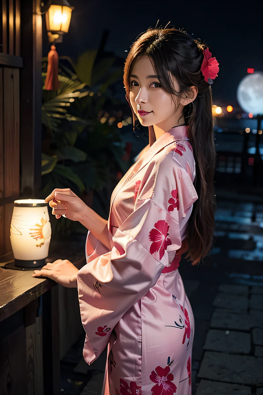 Hibiscus moon with drops of water,neon glow, random background, sunrise, I feel like　yukata　long hair　nightclub　Summer festival　shrine