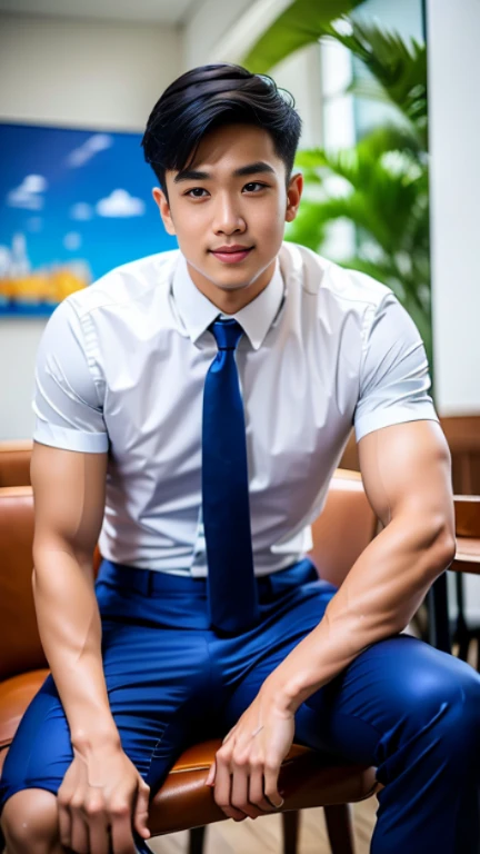 (masterpiece: 1.2),(computer generated art:1.3),(actual:1.5),(post processing:1.3), (sharp focus:1.3), 1 man smiling, (wear white shirt.. . blue tie, short sleeves), navy blue pants, Japanese young people, Japanese men, (High gloss details), , Proper arm muscles,faint blood vessels , Broad shoulders, looking at the audience, balance eyes, sit at the table, Sitting alone in a cafe.