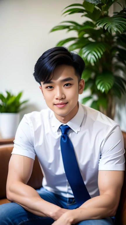 (masterpiece: 1.2),(computer generated art:1.3),(actual:1.5),(post processing:1.3), (sharp focus:1.3), 1 man smiling, (wear white shirt.. . blue tie, short sleeves), navy blue pants, Japanese young people, Japanese men, (High gloss details), , Proper arm muscles,faint blood vessels , Broad shoulders, looking at the audience, balance eyes, sit at the table, Sitting alone in a cafe.