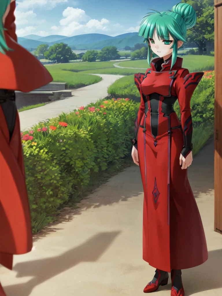 nsfw , Tsukuyomi Mana , (((highres official art))) , (((1girl))) , (((solo))) , (((nude))) , green hair , green eyes , blush , shy , sidelocks , single hair bun , light smile , parted lips , standing , outdoor