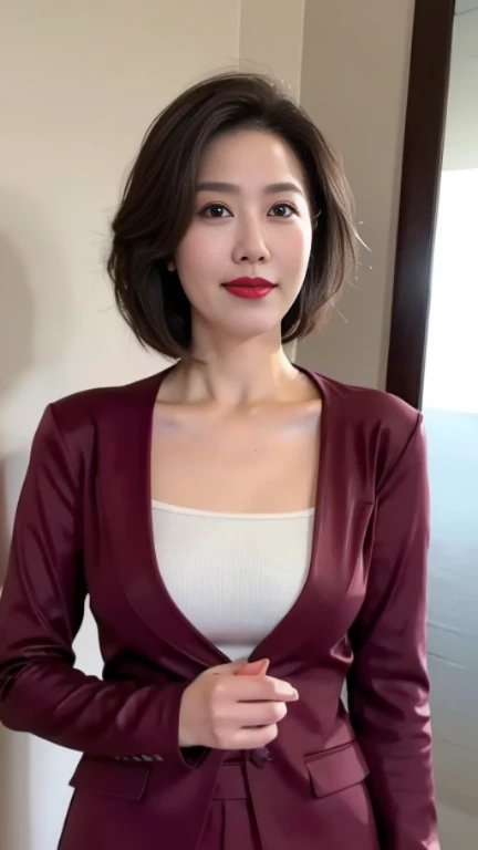 masterpiece,highest quality, (1 milf、49 years old), ((close:0.5)), ((Cross Arm)), glare, gray blazer, white shirt, double eyelid, eyelash, lip gloss, (smile:1), ((close your eyes:0.85)), ((looking at the viewer、The whole body is reflected、Are standing)), to be born, (From above:0.2), ((no one)), (office)、(knee length、knee high boots)、Depth of written boundary、尖ったred mouth、(reddish brown wet shiny short hair,,,,,,,,,),red mouth,clavicle、full body portrait、digital illustration, (Photoreal:1.3),(Raw photo.)