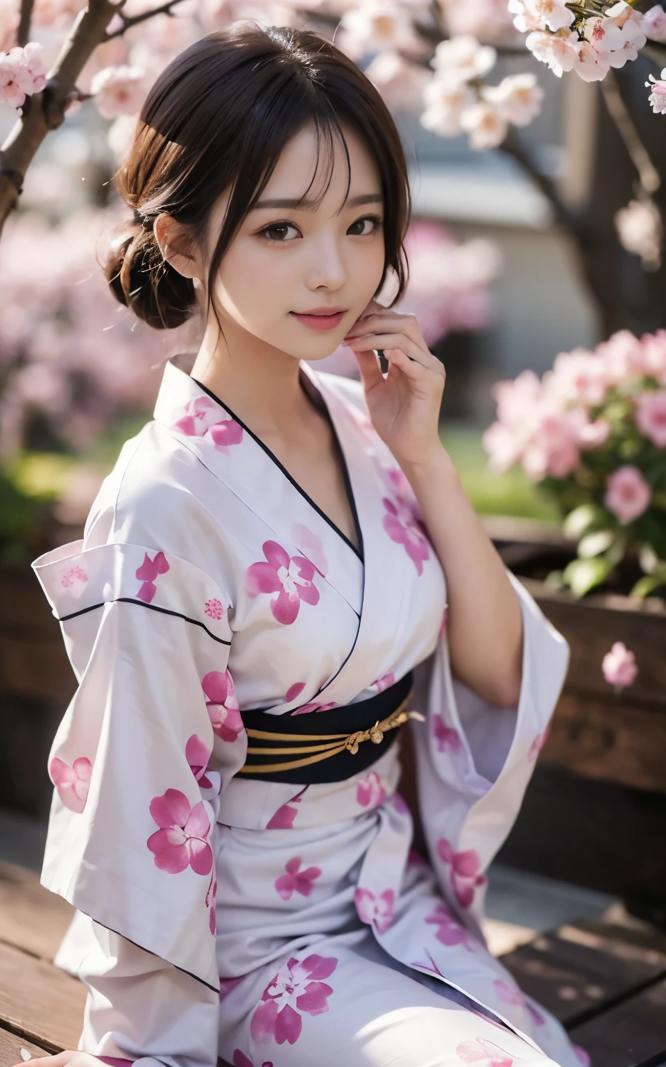 ((masterpiece、highest quality、highest quality))、(Very beautiful Japanese girl 21 years old)、(high nose)、(long bangs)、((smile))、((twin tail hair))、((night) garden)))、((Cherry blossom trees)、((seat))、(night桜)、(night)、look at the viewer、(slender body)、(())、((Dancing cherry blossom petals、SakuraFubuki)) )、((( 超詳細なnight景の背景))、(((perfect limbs))、night、night桜、Cute 21 year old Japanese、Ultra-detailed facial features、Attention to detail、double eyelid、beautiful thin nose、sharp focus:1.2、beautiful woman:1.4、(light brown hair、short cut hair、white skin、yukata、