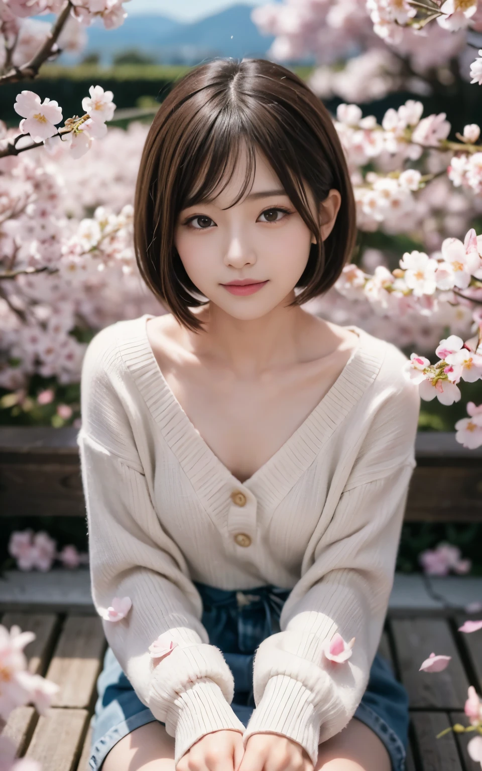((masterpiece、highest quality、highest quality))、(Very beautiful Japanese girl 21 years old)、(high nose)、(long bangs)、((smile))、((twin tail hair))、((night) garden)))、((Cherry blossom trees)、((seat))、(night桜)、(night)、look at the viewer、(slender body)、(())、((Dancing cherry blossom petals、SakuraFubuki)) )、((( 超詳細なnight景の背景))、(((perfect limbs))、Cute 21 year old Japanese、Ultra-detailed facial features、Attention to detail、double eyelid、beautiful thin nose、sharp focus:1.2、beautiful woman:1.4、(light brown hair、short cut hair、white skin、sweater、A glimpse of my chest、