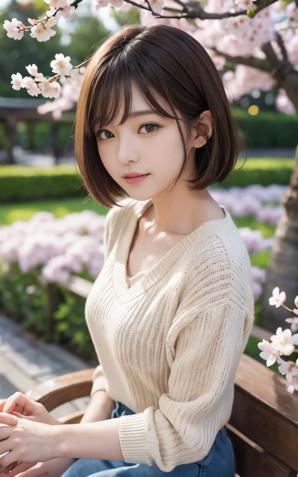 ((masterpiece、highest quality、highest quality))、(night)、(Very beautiful Japanese girl 21 years old)、(high nose)、(long bangs)、((smile))、((twin tail hair))、((night) garden)))、((Cherry blossom trees)、((seat))、(night桜)、(slender body)、(())、((Dancing cherry blossom petals、SakuraFubuki)) )、((( 超詳細なnight景の背景))、(((perfect limbs))、Cute 21 year old Japanese、Ultra-detailed facial features、Attention to detail、double eyelid、beautiful thin nose、sharp focus:1.2、beautiful woman:1.4、(light brown hair、short cut hair、white skin、knit sweater、