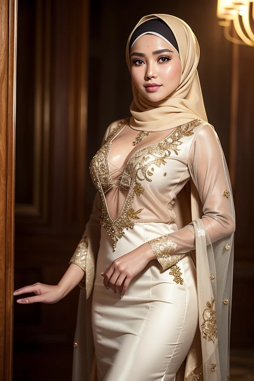 RAW, Best quality, high resolution, Masterpiece: 1.3), beautiful Malay woman in hijab and transparent kebaya (iu:0.8),
Best quality, high resolution, Masterpiece: 1.3, Beautiful Malay woman, graceful in hijab and transparent kebaya,
Masterpiece, Realistic, 1girl,
Soft honey-colored eyes framed by the hijab,
Glowing complexion revealed by the see-through kebaya,
Gentle curves accentuated by the cameltoe effect,
Detailed facial features,
Charming smile,
Transparent top with intricate floral patterns,
Traditional yet modern