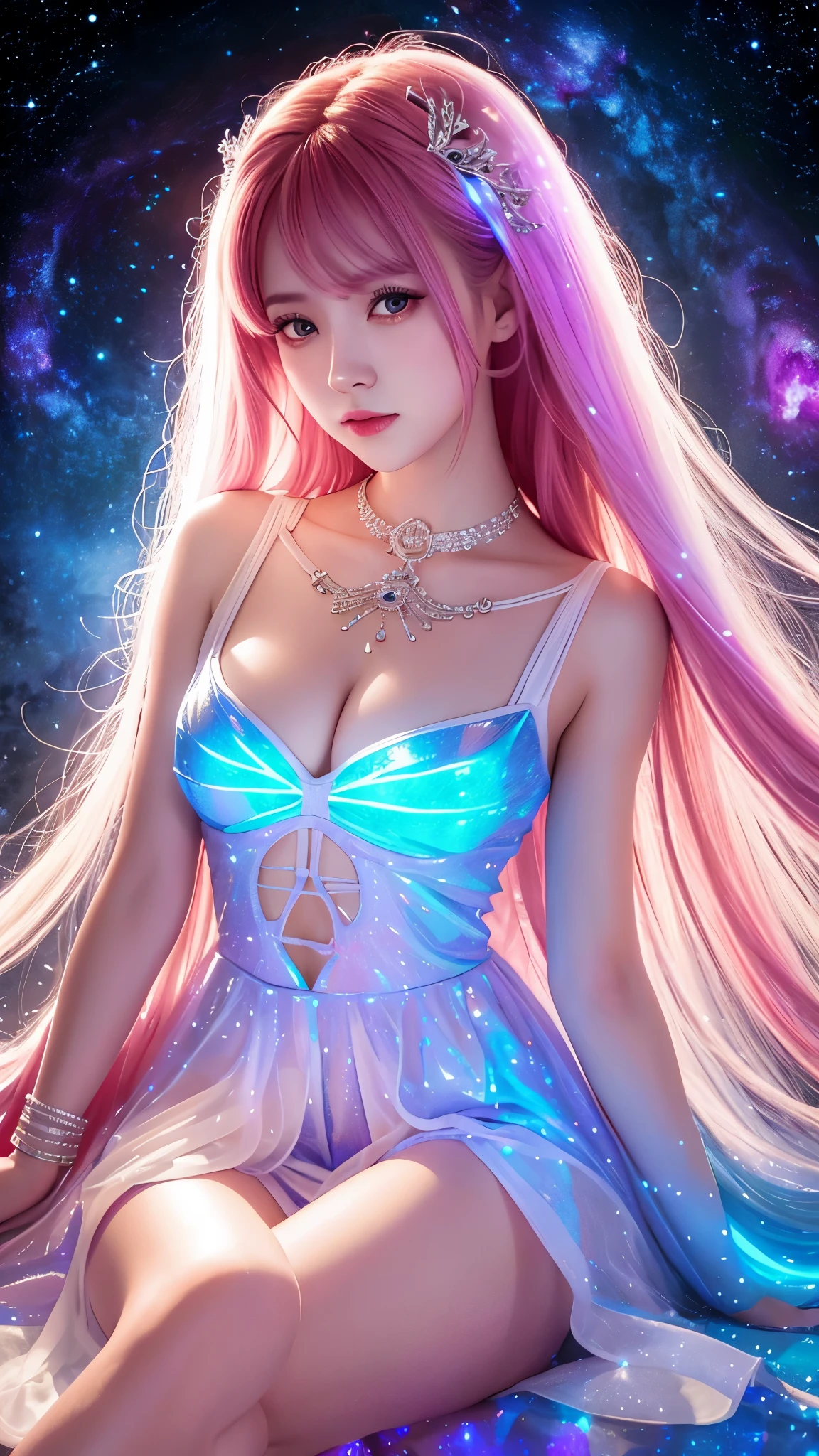 4K Ultra HD, Masterpiece, A girl with a magical aura, Good face, Long hair, shinny hair, Detailed eyes, Glossy lips, Wearing a red ta costume, The aura around the body, Magical effect, Spread white light, Cosmic elements and ethereal atmosphere, A mix of bright lights and colorful nebulae, universe background, Sitting, Full body capture.