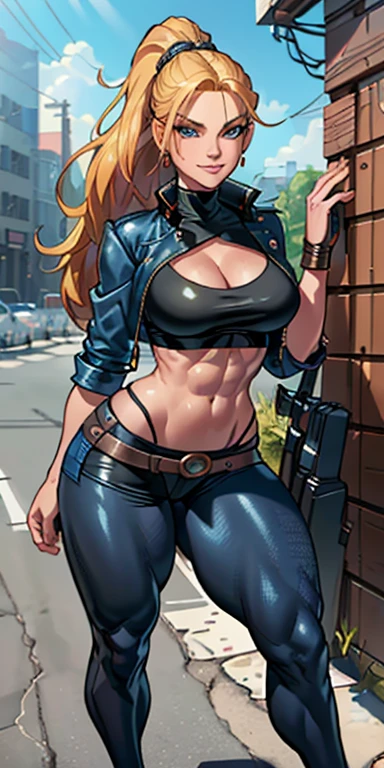 Masterpiece, best quality, Masterpiece, best quality, 1 woman, long blonde hair , Black leather motorcycle jacket , big breasts , abdomen , Long legs , Put your hands on your hips. , Long legs leather pants , boots , full body , abandoned factory , at night
