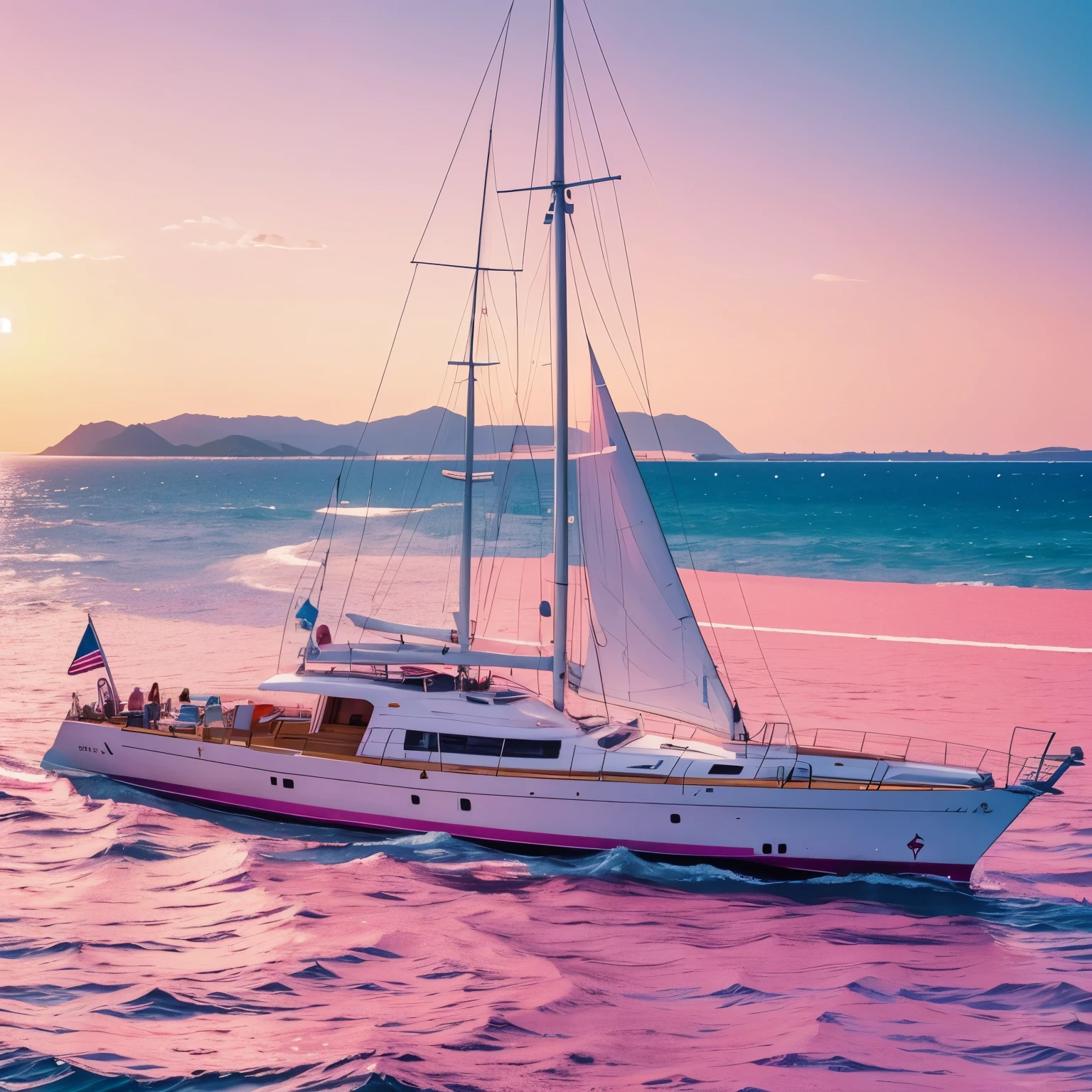 Sailor on a sailing boat in a pink sea and sunny sky