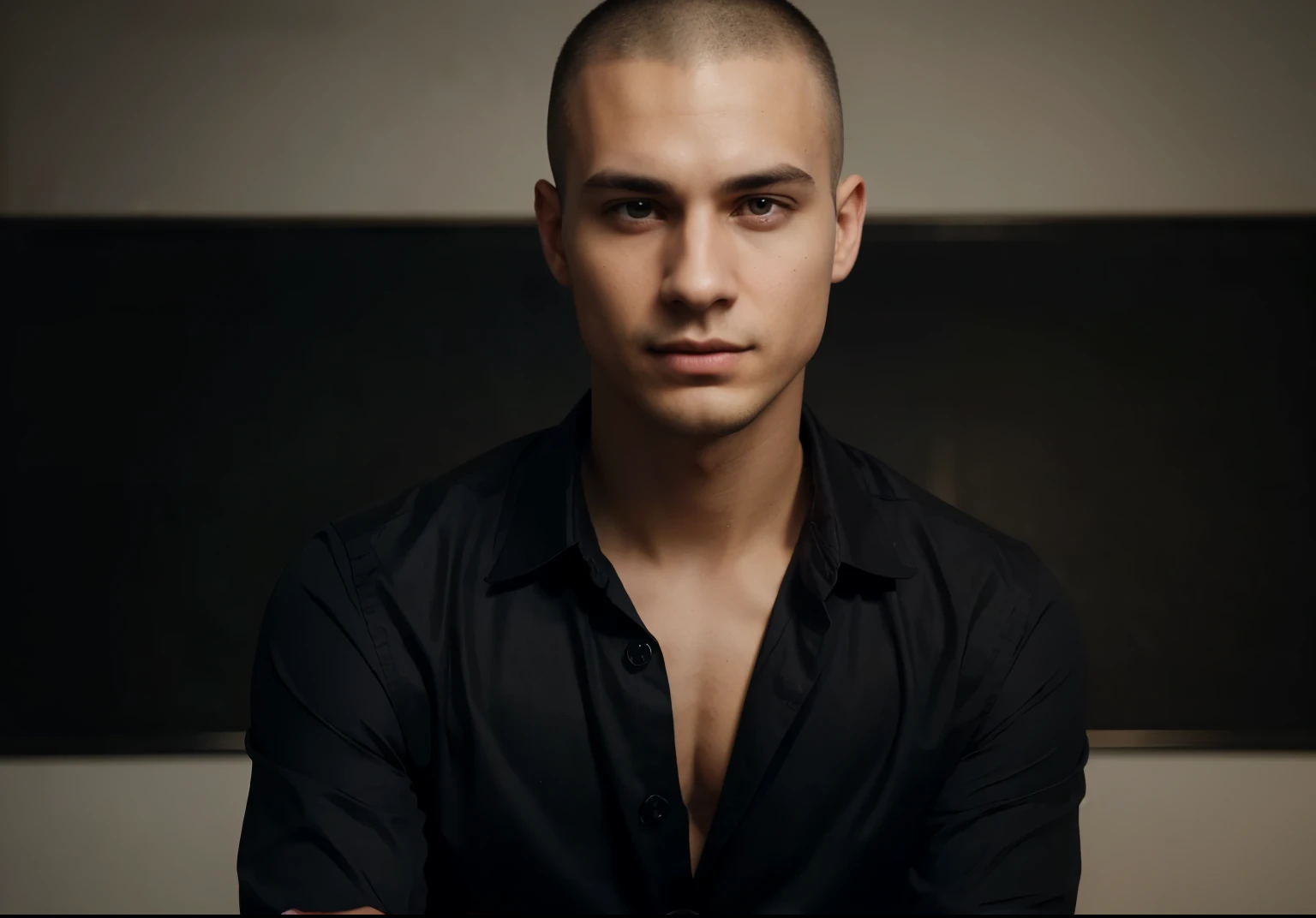 Generate an image of a 25-year-old man with a military-style buzz cut, clad in a sleek black button-up shirt. Two buttons are casually undone, revealing a hint of his chest. He looks directly at the camera with a confident and assured gaze, tinged with a hint of sarcasm. His posture exudes self-assurance, with a relaxed demeanor that belies his inner confidence. The slight curve of his lips suggests a subtle smirk, adding an element of playfulness to his expression. This composition captures the intriguing blend of confidence and sarcasm in the demeanor of a young man who knows his worth and isn't afraid to show it.






