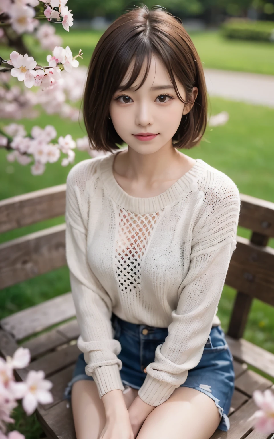 ((masterpiece、highest quality、highest quality))、(Very beautiful Japanese girl 21 years old)、(high nose)、(long bangs)、((smile))、((twin tail hair))、((night) garden)))、((Cherry blossom trees)、((seat))、(night桜)、(night)、look at the viewer、(slender body)、(())、((Dancing cherry blossom petals、SakuraFubuki)) )、((( 超詳細なnight景の背景))、(((perfect limbs))、night、night桜、Cute 21 year old Japanese、Ultra-detailed facial features、Attention to detail、double eyelid、beautiful thin nose、sharp focus:1.2、beautiful woman:1.4、(light brown hair、short cut hair、white skin、knit sweater、