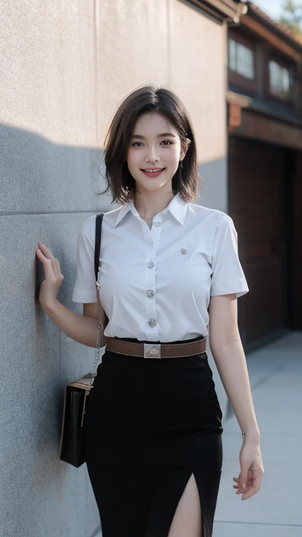 Standing and smiling , stand , (8k, best quality, masterpiece, ultra highres:1.2) Photo of Pretty thai woman beautiful, beautiful enchanting fashion contemporary painting with , (1girl), (white shirt short sleeves), ((black pencil skirt)), belt , short hair , blonde hair, , realistic skin texture , round chin, 85 mm art lens, f 1. 2, sharp focus, 8 k high definition, insanely detailed, intricate, elegant, large breasts, big breasts , black skirt