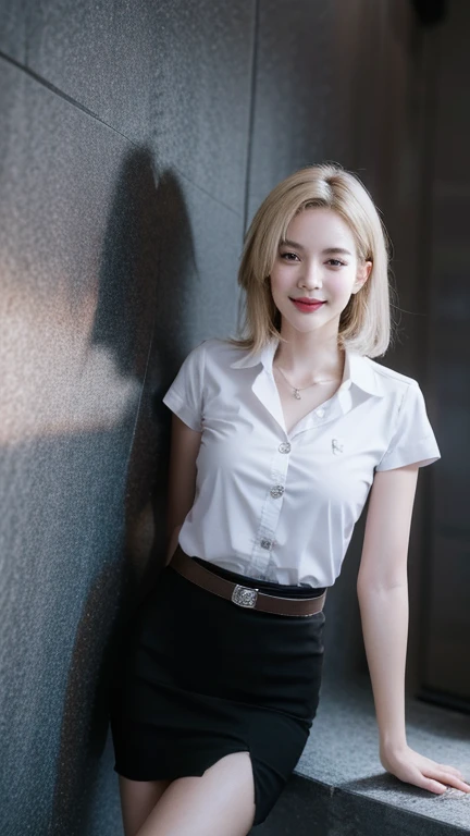 Standing and smiling , stand , (8k, best quality, masterpiece, ultra highres:1.2) Photo of Pretty thai woman beautiful, beautiful enchanting fashion contemporary painting with , (1girl), (white shirt short sleeves), ((black pencil skirt)), belt , short hair , blonde hair, , realistic skin texture , round chin, 85 mm art lens, f 1. 2, sharp focus, 8 k high definition, insanely detailed, intricate, elegant, large breasts, big breasts , black skirt