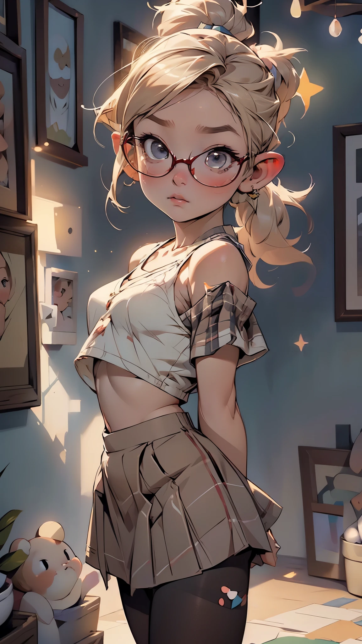 glow，masterpiece, beautiful, 4K, best quality, oil painting portrait style， cute face, big breasts,  blonde，high ponytail，pointed ears，round frame glasses， pantyhose, Plaid skirt，Star decoration,(nsfw:0.55), ((flat chested, flat stomach, baby face)), (intense colors)