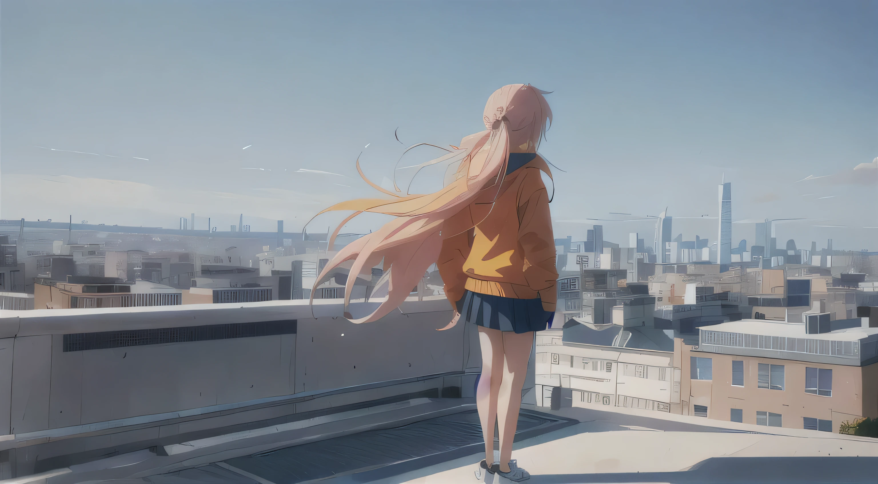 1 girl, pink twintails, Modern Hoodie, skirt, Converse Shoes, modern city, On the edge of the roof of the skyscape, One, sun, blue sky, cloud, ((shot from behind)), Low - Angle, volume light, 8K, highest quality, sharp, be familiar with