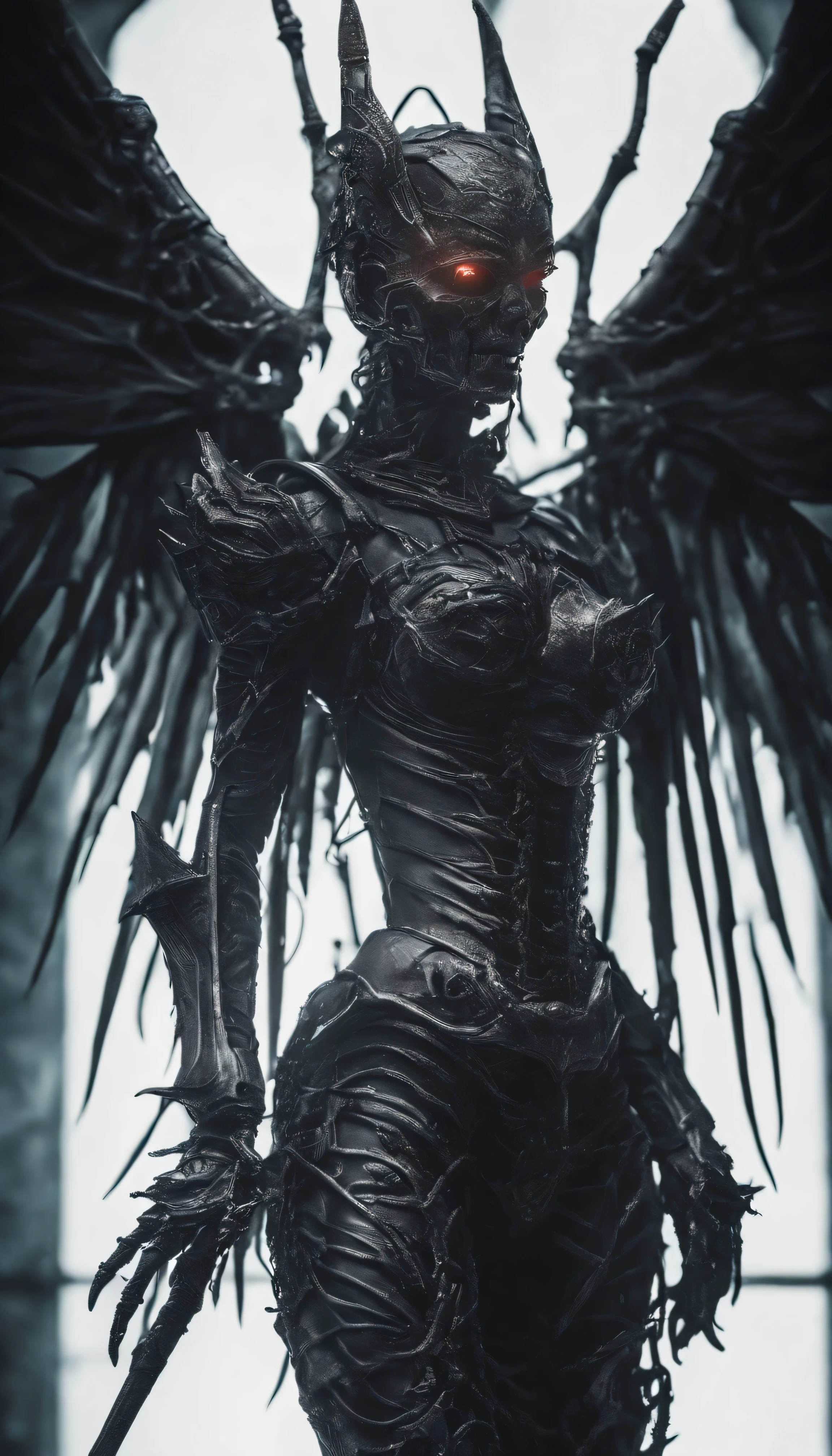 (Best Quality,8K,hight resolution,masutepiece:1.2),Ultra-detailed,(Realistic,Photorealistic,Photorealsitic:1.37),Sharp Focus,Physically-based rendering,extreme detail description,Professional,Vivid colors,Bokeh,Illustration style,artbook:Kahne Griffith and Vadim Katin,White background,Abstract beauty,In a standing position,Center,Camera Perspective,Facing the camera,Perfect approach,Dynamic,Thorough refinement,SMOOTHNESS,Perfectly shaped breasts:Sharp Focus,8K resolution,High resolution,Illustration style,artbook:Kahne Griffith and Vadim Katin,White background,Decadent,devil,skeletal,Coldness and sharpness, The process of decay, sadness, bilaterally symmetrical, Formed only by white and black colors