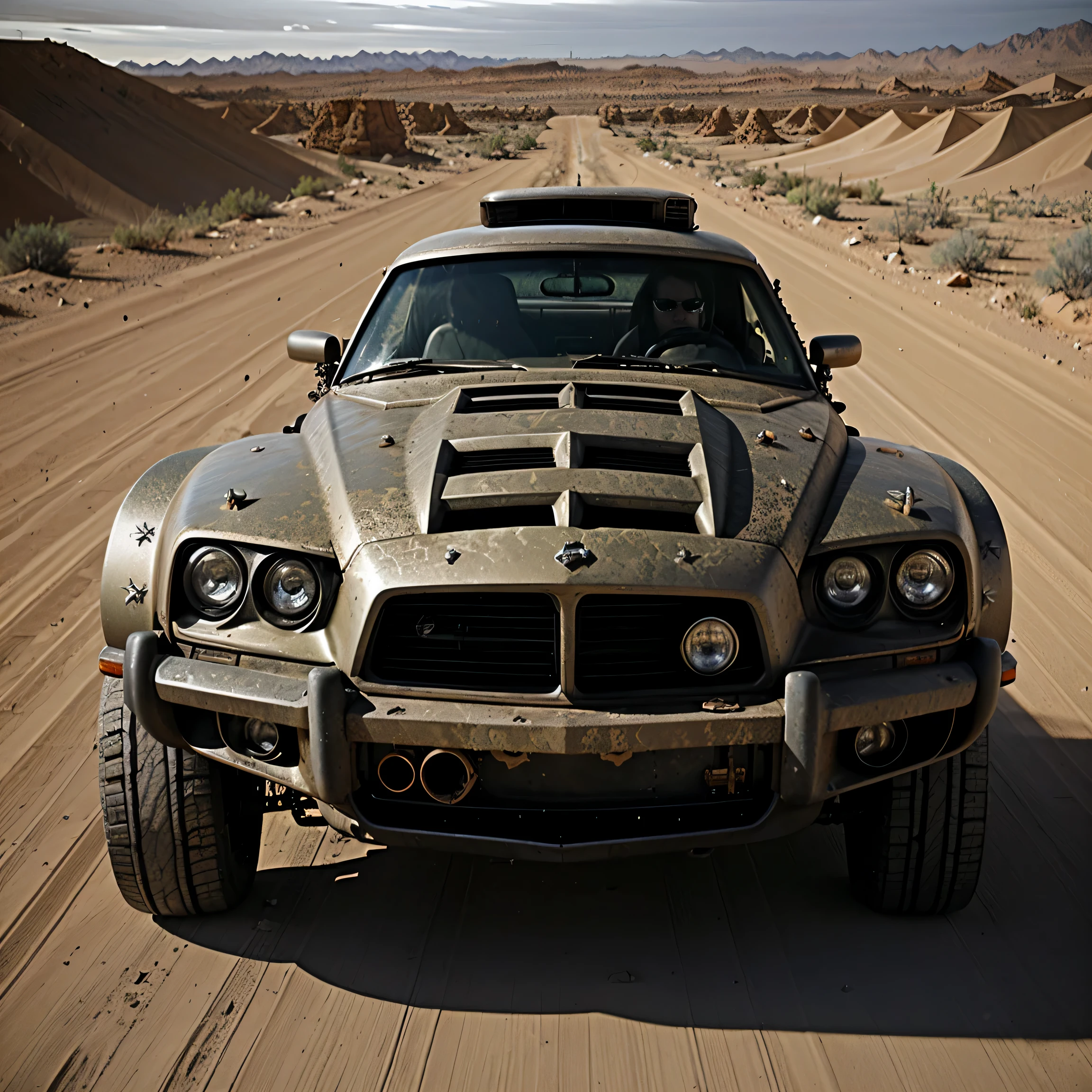 a post-apocalyptic sports car armored with thick plates and metal spikes Mad Max style driving at high speed in the desert of a post-apocalyptic world