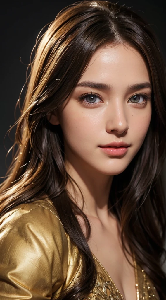 best quality, masterpiece, (realistic:1.2), 1 girl, brown hair, brown eyes, Front, detailed face, beautiful eyes, wear golden black suit, best quality, masterpiece, (realistic:1.2), 1 girl, detailed face, beautiful eyes, [(Transparent background:1.5)::5], (((masterpiece))), (((best quality))),(((extremely detailed))), illustration, 1girl, solo, mysterious, multi-color eyes, detailed eyes, hyper detailed, light smile, highly detailed, beautiful, small details, ultra detailed, best quality, intricate, 4k, 8k, trending on art station, good anatomy, beautiful lighting,