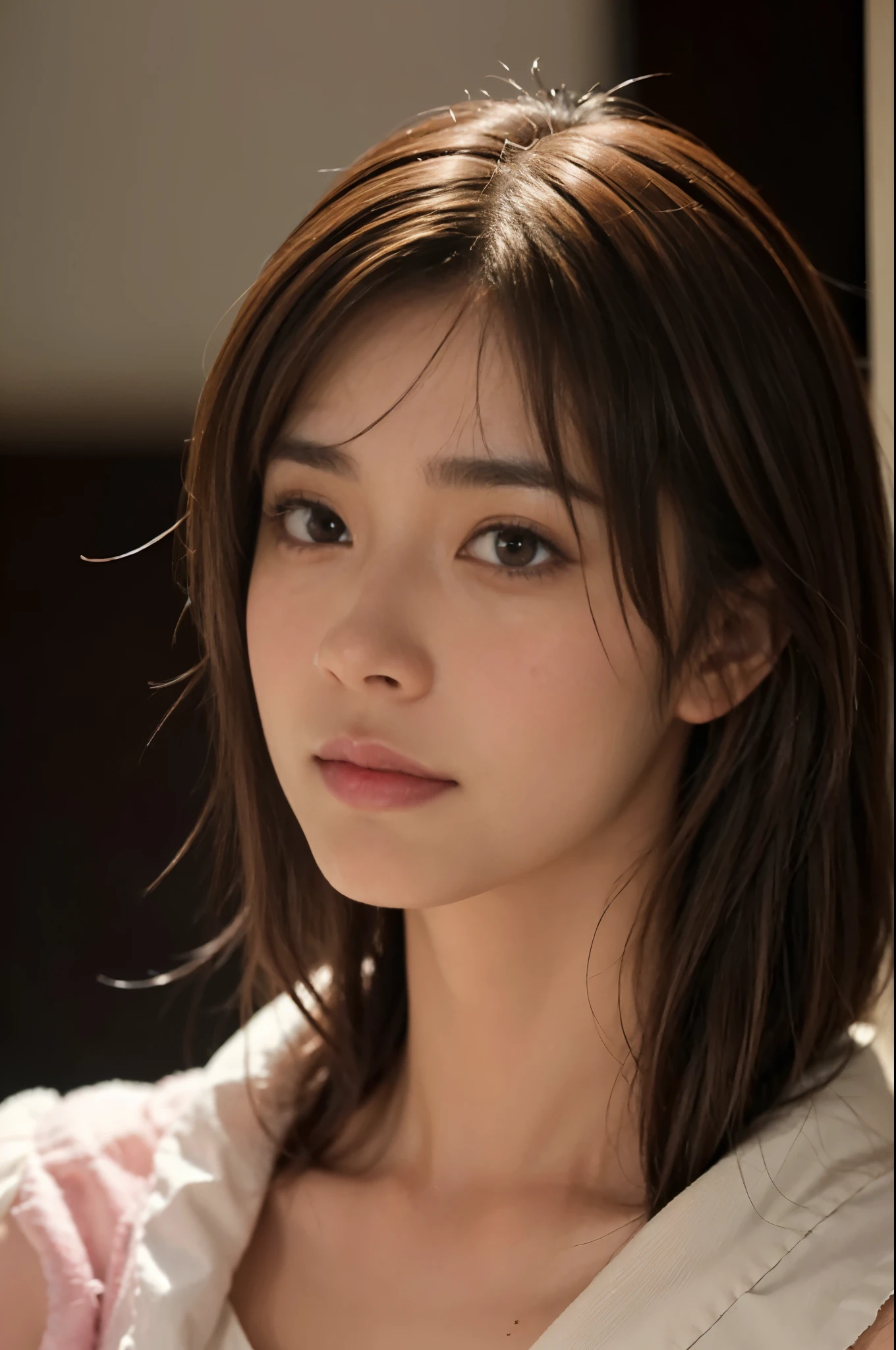 ((Japanese beautiful girl:1.3)) ((avatar) ((Blushed:1.4)) ((close up:1.2)) best quality,masterpiece,ultra high resolution,(lifelike:1.4),original photo,(Realistic skin texture:1.3),(film grain:1.3),Character front,very wide lens(in the darkness, deep shadow, low profile, cold light,) night,(()),shed tears,,dust,Tyndall effect,(Express),1 girl,Beautiful and detailed eyes and face,white jabot,brown eyes,((brown hair:1.2)) ((Smile:1.3))