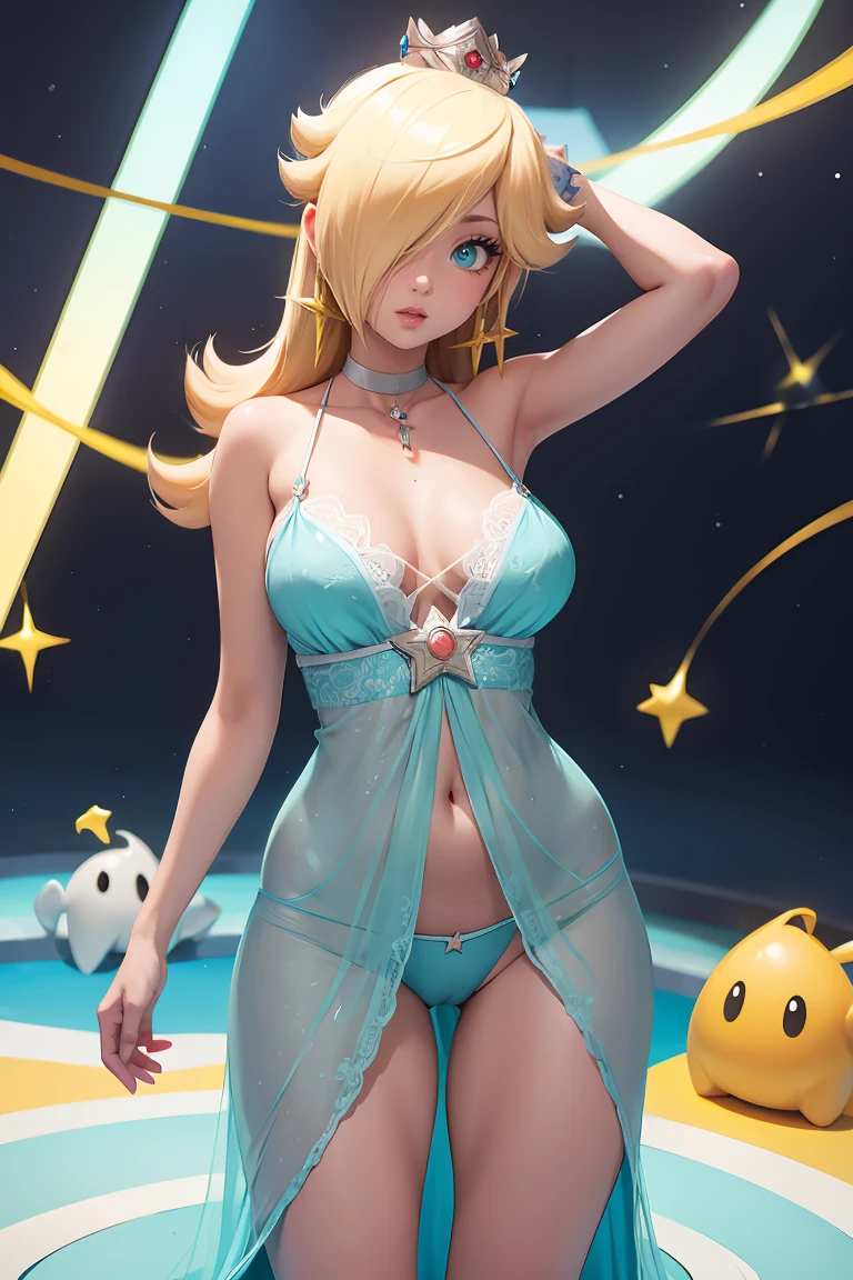 Rosalina, super modelo, pose sexy, escote bonito y sexy, mostrando su escote al espectador, pechos gigantes y redondos, piernas largas, blue lingerie, pechos extremadamente grandes, pechos enormes y voluminosos, pechos que se salen del sujetador, pechos presionados en el sujetador, pechos hacia arriba,