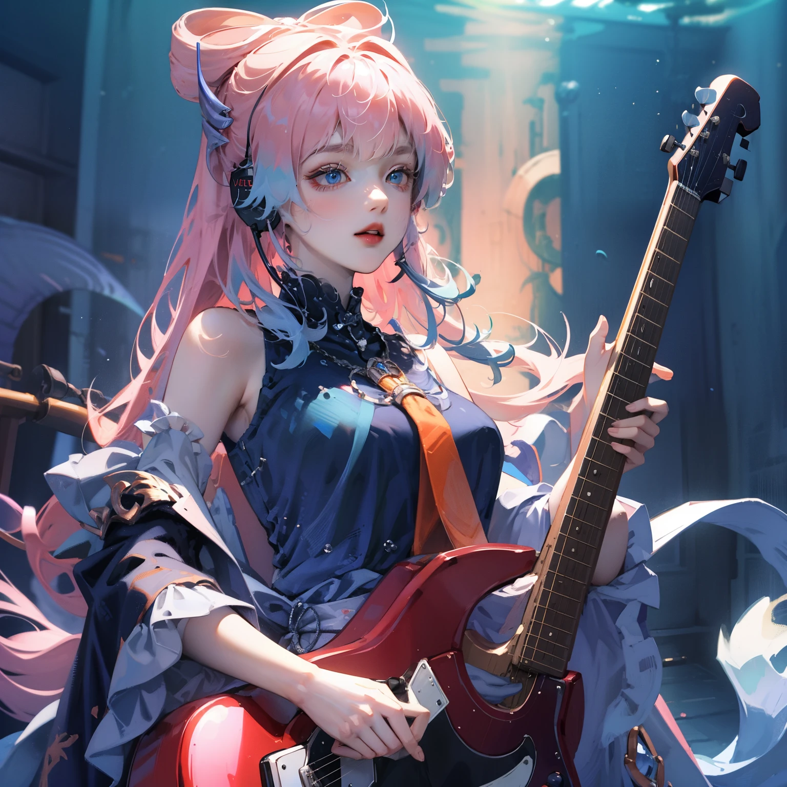 ((masterpiece, best quality))1 girl, alone, black skirt, blue eyes, electric Guitar, Guitar, earphone, Double tail辮, Keep, Keep plectrum, musical instrument, long hair, music, one side up, cyan hair, Double tail, 弹Guitar, pleated skirt, Black shirt, Internal