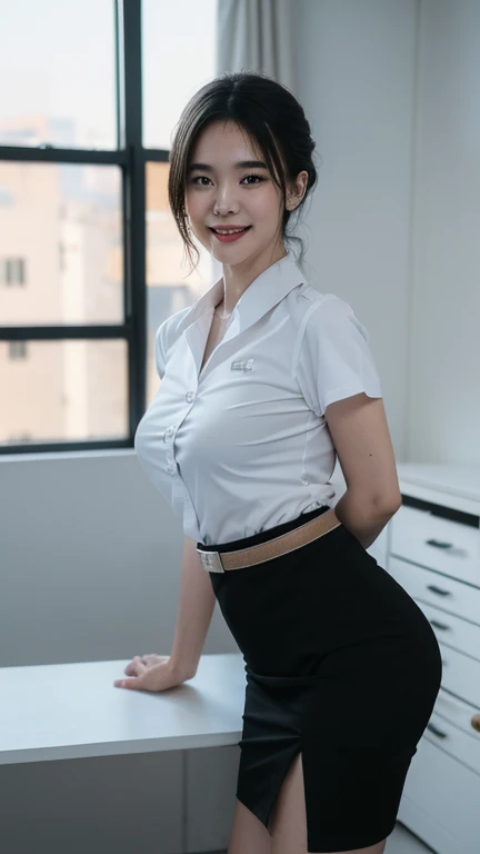 Standing and smiling , stand , (8k, best quality, masterpiece, ultra highres:1.2) Photo of Pretty thai woman beautiful, beautiful enchanting fashion contemporary painting with , (1girl), (white shirt short sleeves), ((black pencil skirt)), belt , short hair , blonde hair, , realistic skin texture , round chin, 85 mm art lens, f 1. 2, sharp focus, 8 k high definition, insanely detailed, intricate, elegant, large breasts, big breasts , black skirt