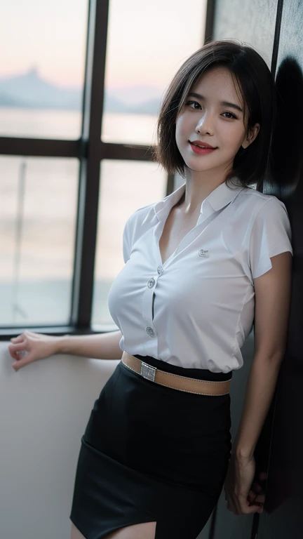 Standing and smiling , stand , (8k, best quality, masterpiece, ultra highres:1.2) Photo of Pretty thai woman beautiful, beautiful enchanting fashion contemporary painting with , (1girl), (white shirt short sleeves), ((black pencil skirt)), belt , short hair , blonde hair, , realistic skin texture , round chin, 85 mm art lens, f 1. 2, sharp focus, 8 k high definition, insanely detailed, intricate, elegant, large breasts, big breasts , black skirt