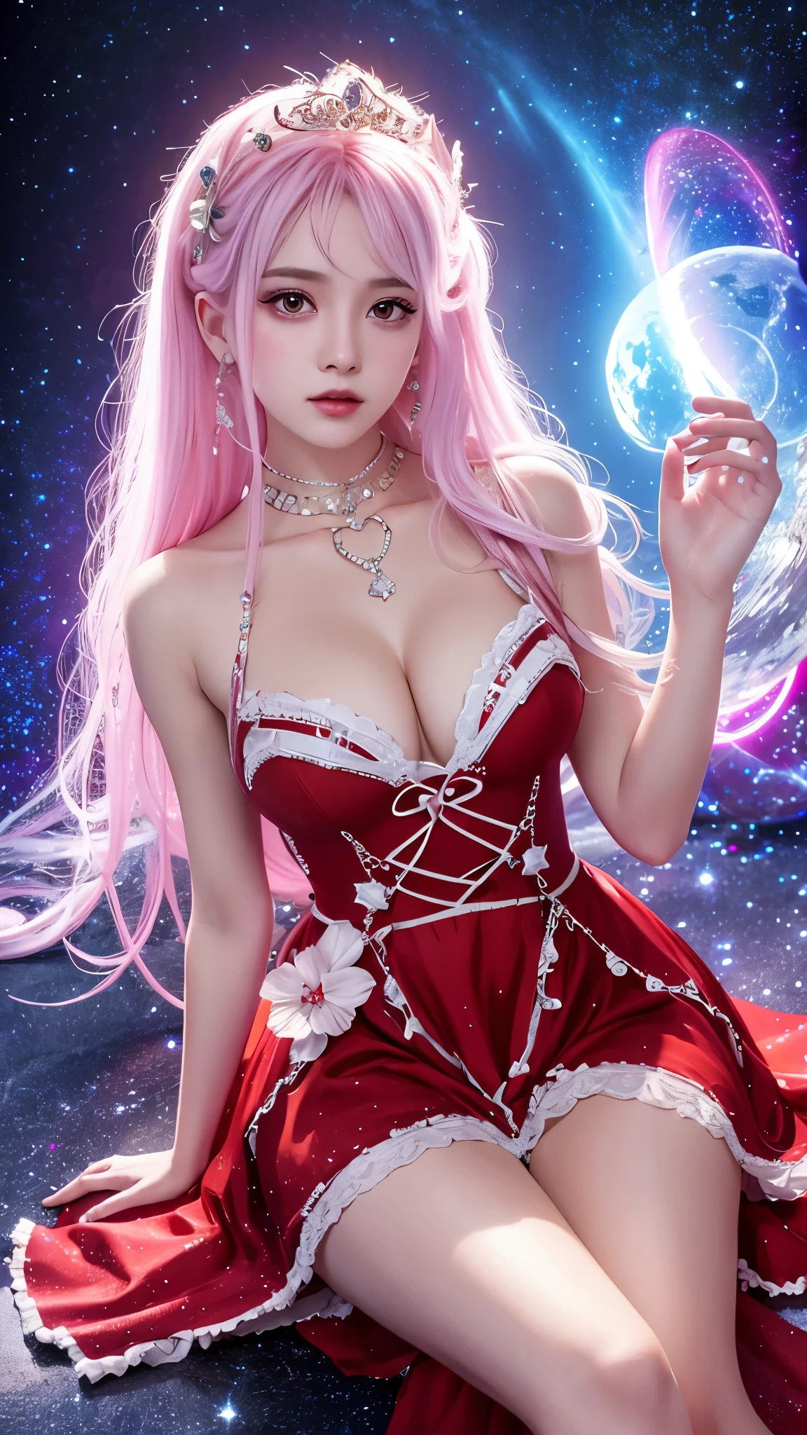 4K Ultra HD, Masterpiece, A girl with a magical aura, Good face, Long hair, shinny hair, Detailed eyes, Glossy lips, Wearing a red ta costume, The aura around the body, Magical effect, Spread white light, Cosmic elements and ethereal atmosphere, A mix of bright lights and colorful nebulae, universe background, Sitting, Full body capture.