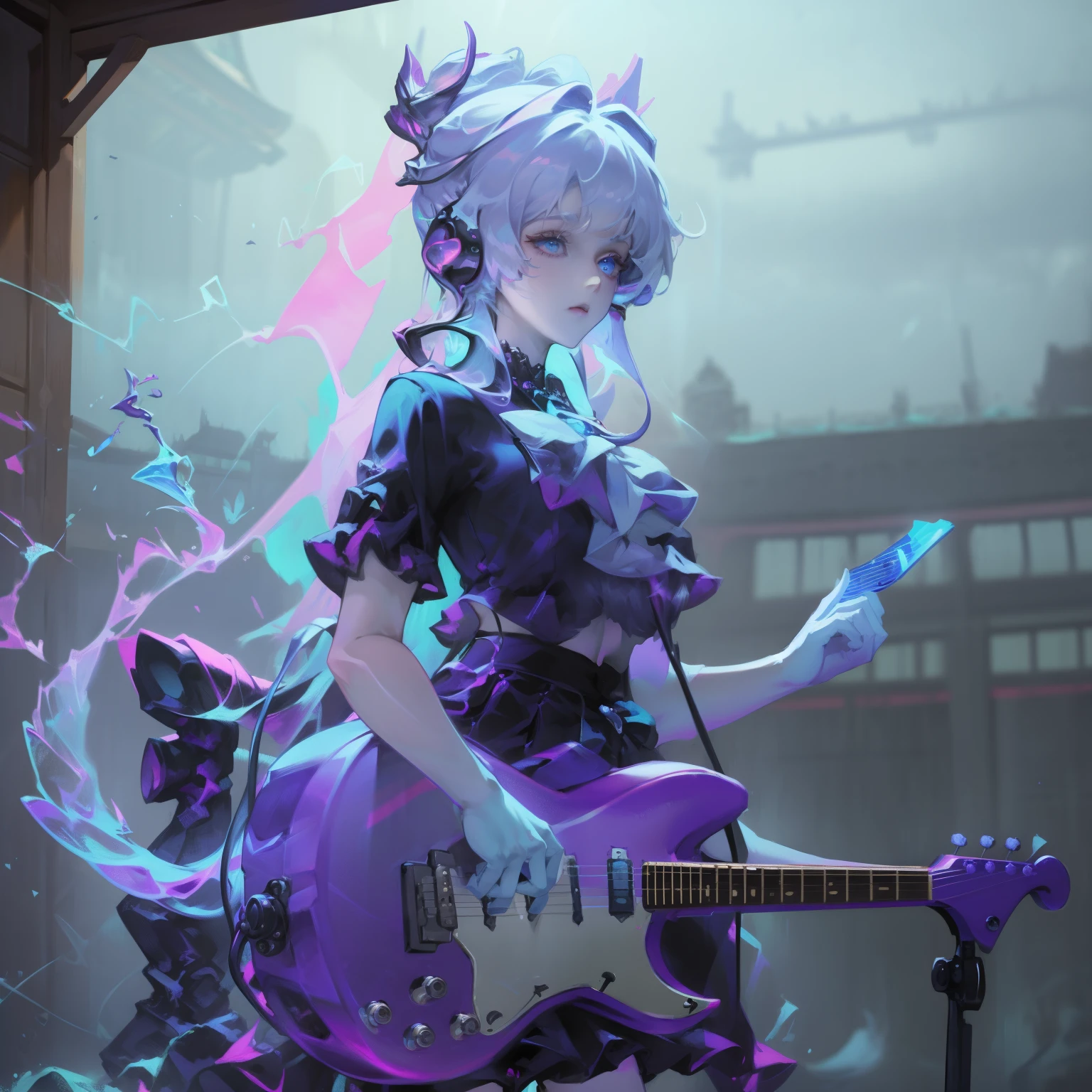 ((masterpiece, best quality))1 girl, alone, black skirt, blue eyes, electric Guitar, Guitar, earphone, Double tail辮, Keep, Keep plectrum, musical instrument, long hair, music, one side up, cyan hair, Double tail, 弹Guitar, pleated skirt, Black shirt, Internal