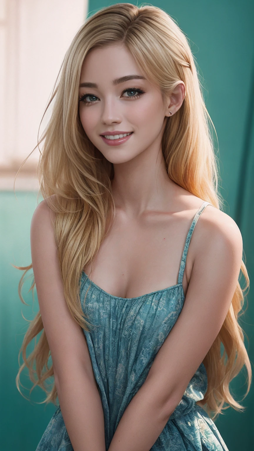 blonde hair, gradient hair, hair over shoulder, hair behind ear, longeyelashes, light smile, Surrealism, depth of field, atmospheric perspective, foreshortening, UHD, anatomically correct, highres, 16k、A 22-year-old extremely beautiful white woman、Her hair color is platinum blonde、blue eyeedium hair、straight hair、The hair is shiny、The skin is lustrous、smile、Slender but well-proportioned muscular body、Athlete-like body type、I don&#39;t want my head to disappear from the screen.、Wearing accessories on your wrist、Wearing red nail polish、I have a peticure、Gradient color hairstyle ((gradient hair))
、long hair ((long hair))、Wear an off-the-shoulder bodycon outfit、wear stiletto heels、pastel green background、smile((smile))