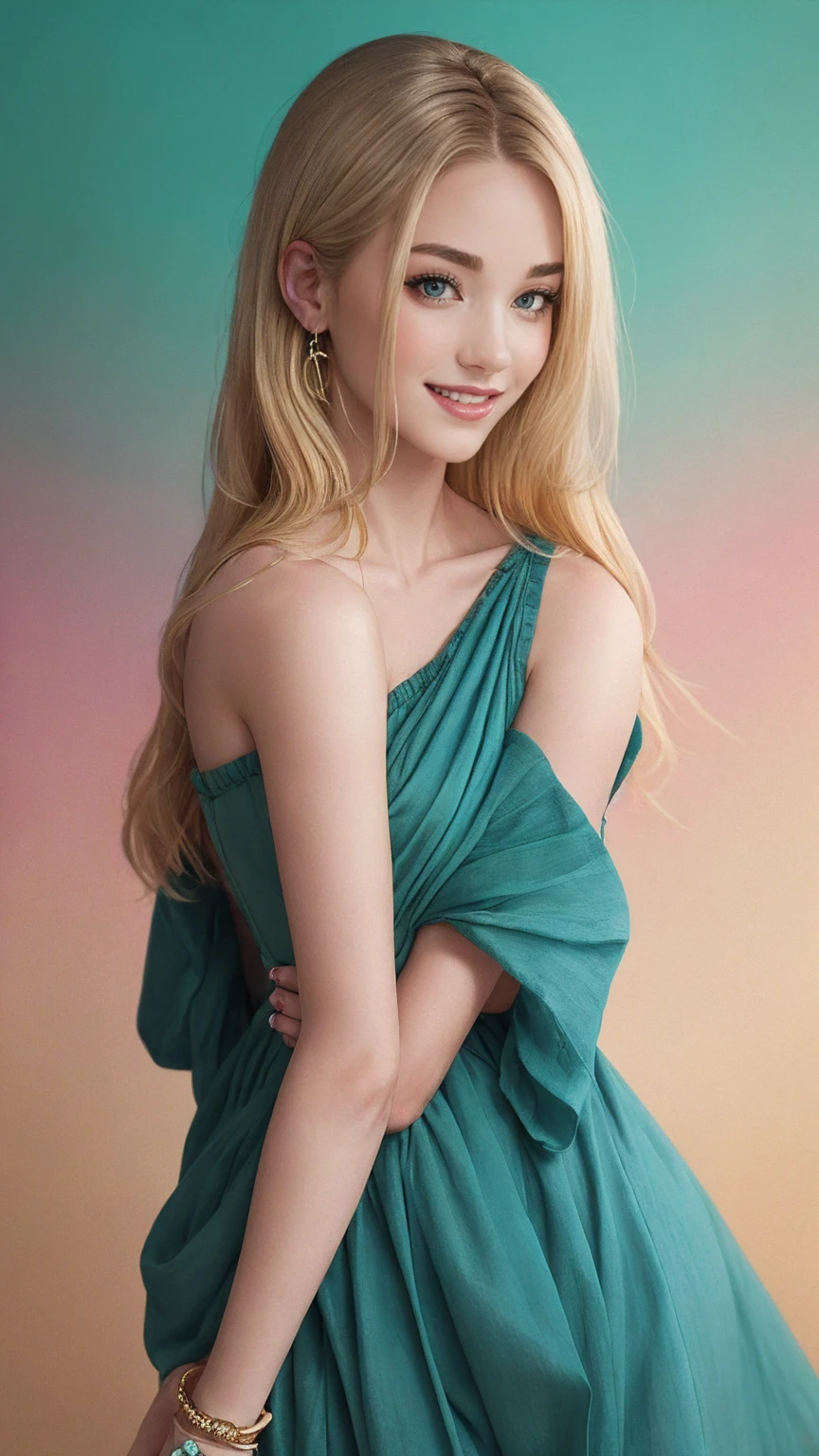 blonde hair, gradient hair, hair over shoulder, hair behind ear, longeyelashes, light smile, Surrealism, depth of field, atmospheric perspective, foreshortening, UHD, anatomically correct, highres, 16k、A 22-year-old extremely beautiful white woman、Her hair color is platinum blonde、blue eyeedium hair、straight hair、The hair is shiny、The skin is lustrous、smile、Slender but well-proportioned muscular body、Athlete-like body type、I don&#39;t want my head to disappear from the screen.、Wearing accessories on your wrist、Wearing red nail polish、I have a peticure、Gradient color hairstyle ((gradient hair))
、long hair ((long hair))、Wear an off-the-shoulder bodycon outfit、wear stiletto heels、pastel green background、smile((smile))