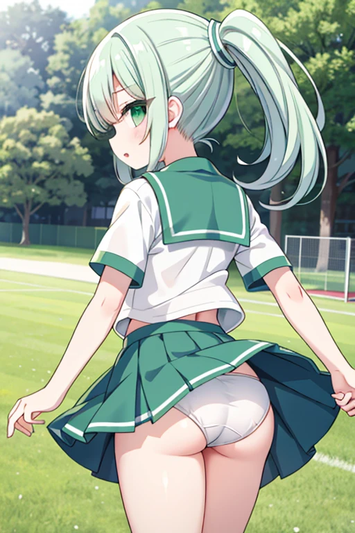 girl、、ponytail、White sports uniform、green mini skirt、turn your back、flip up the skirt、underwear