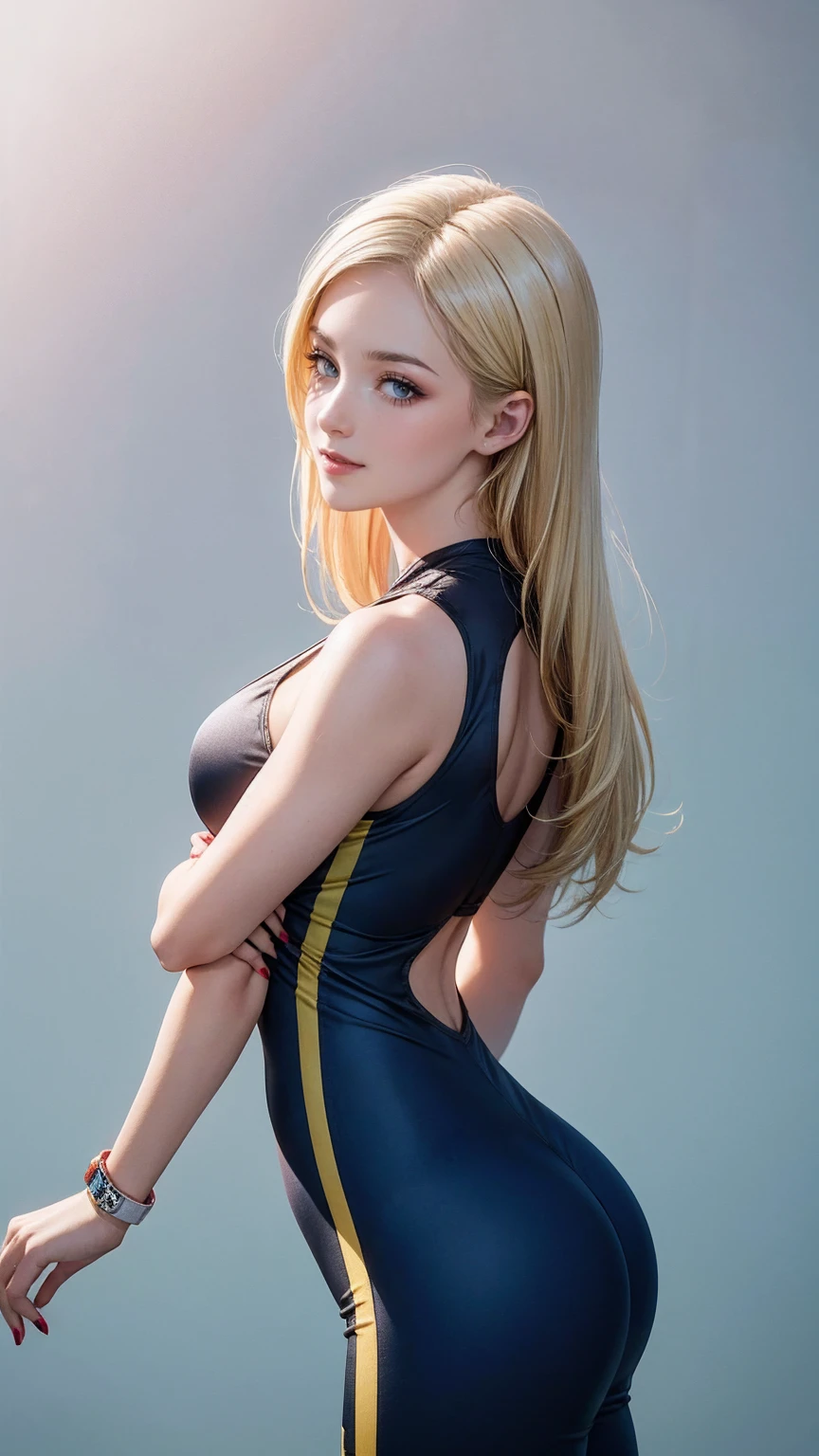 blonde hair, gradient hair, hair over shoulder, hair behind ear, longeyelashes, light smile, Surrealism, depth of field, atmospheric perspective, foreshortening, UHD, anatomically correct, highres, 16k、A 22-year-old extremely beautiful white woman、Her hair color is platinum blonde、blue eyeedium hair、straight hair、The hair is shiny、The skin is lustrous、smile、Slender but well-proportioned muscular body、Athlete-like body type、I don&#39;t want my head to disappear from the screen.、Wearing accessories on your wrist、Wearing red nail polish、I have a peticure、Gradient color hairstyle ((gradient hair))
、long hair ((long hair))、Wear an off-the-shoulder bodycon outfit、wear stiletto heels、pastel green background、smile((smile))